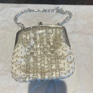 Silver Beaded Evening Bag - Elegant Chain Handle